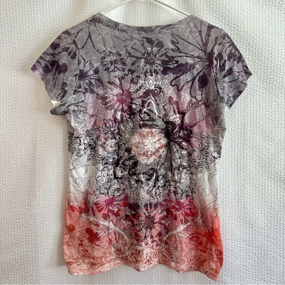 Dressbarn Women’s Floral Gray Red Short Sleeve Top Size: Large - Picture 2 of 6